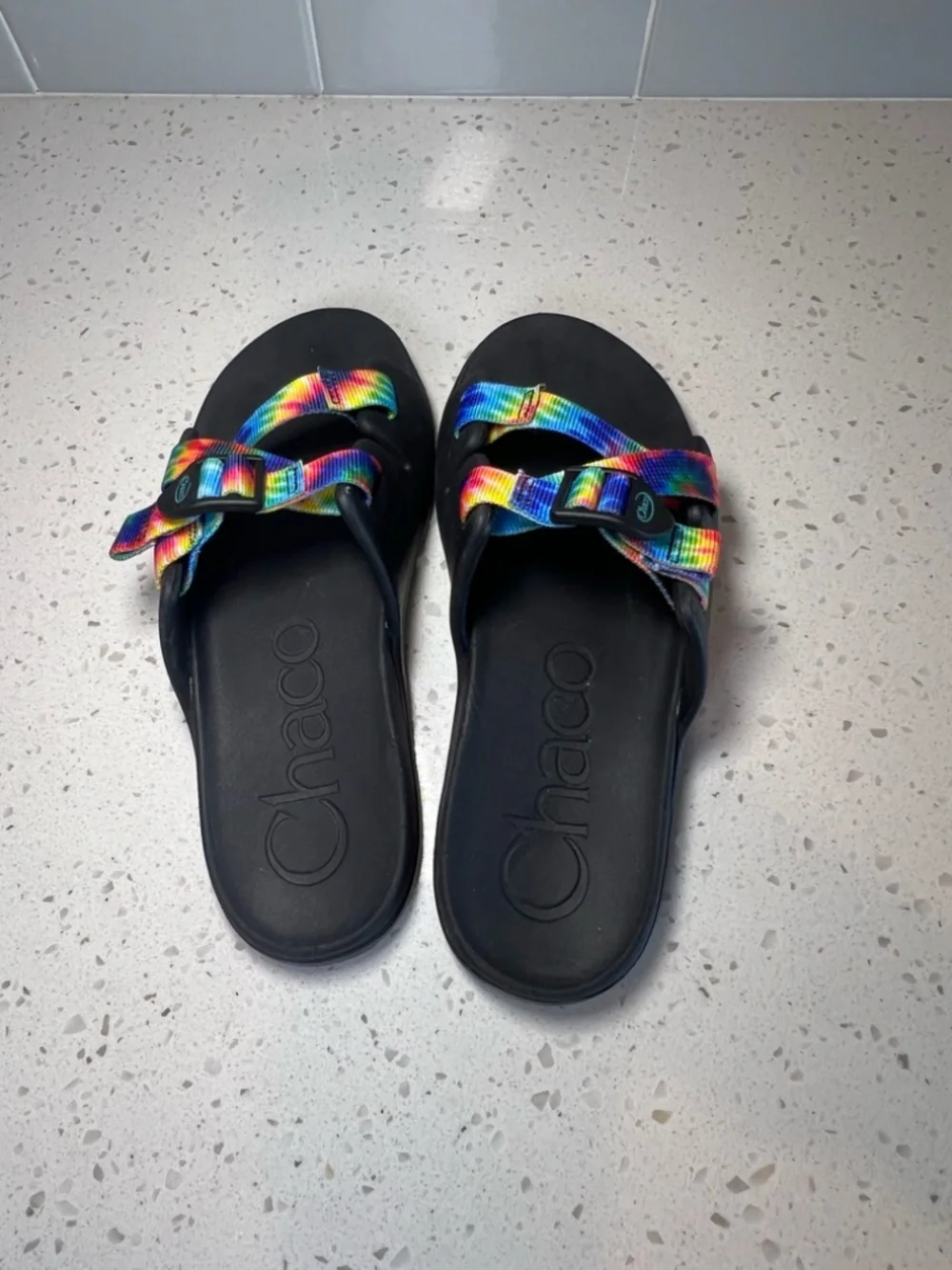 Chaco Chillos Slides Shoes Black Rainbow Tie Dye Adjustable Beach Pool Kids Sz 5
